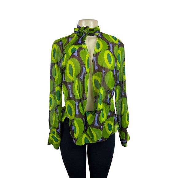Zara Women's Retro Green & Brown Geometric Print Sheer Blouse Sz S - New - Picture 1 of 10